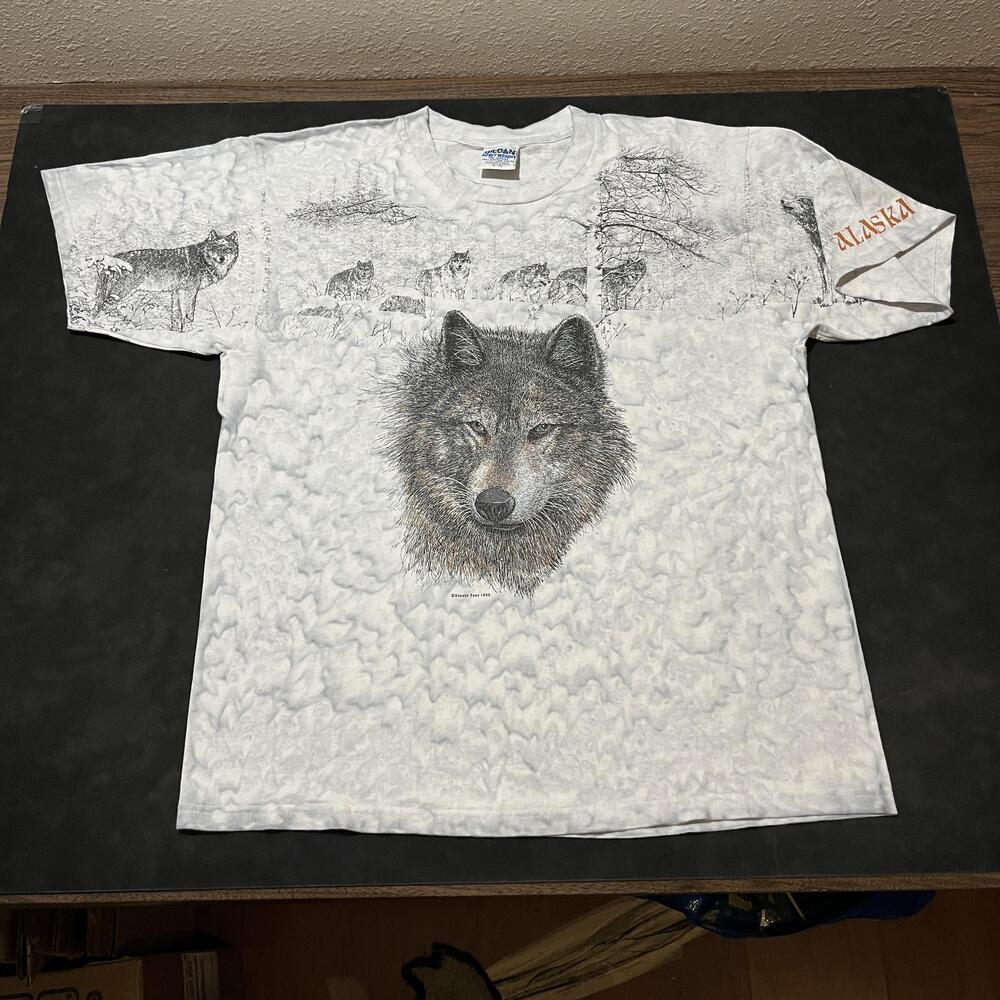 Vintage Sneaky Tees Wolf Shirt Mens XL White Alaska All Over Graphic 1995 Snow